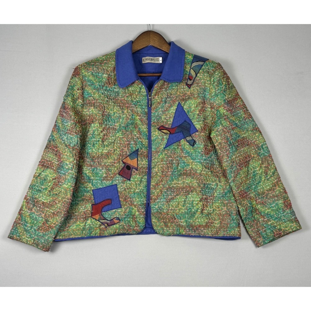 Canvasbacks Jacket Women Large Green Multi Excellent Vintage 90s Art to Wear Zip